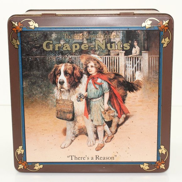 Vintage 1986 To School Well Fed On Grape-Nuts Square Hinged Tin - Picture 1 of 9